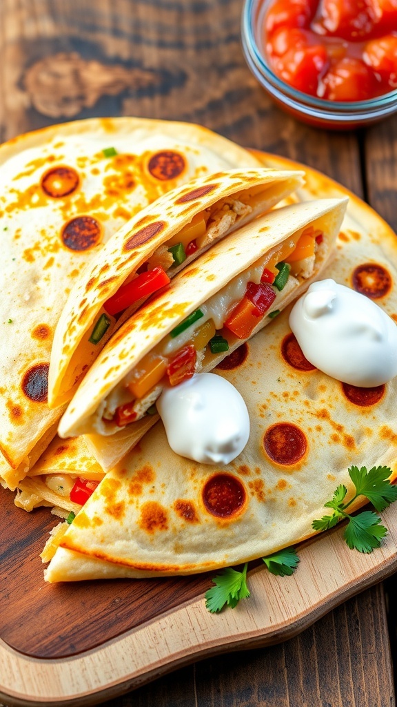 Golden brown chicken quesadilla filled with cheese and vegetables, served with salsa and sour cream.